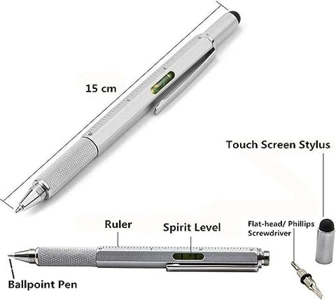 7 In 1 Tool Pen (stainless Steel Metal) Pen For Construction Tools, Gift Tool Pen, Multifunctional Technology Pen With Black Ballpoint Pen, Ruler, Handwriting Pen, Level, Screwdriver For Mens Gifts