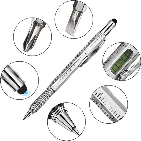 7 In 1 Tool Pen (stainless Steel Metal) Pen For Construction Tools, Gift Tool Pen, Multifunctional Technology Pen With Black Ballpoint Pen, Ruler, Handwriting Pen, Level, Screwdriver For Mens Gifts